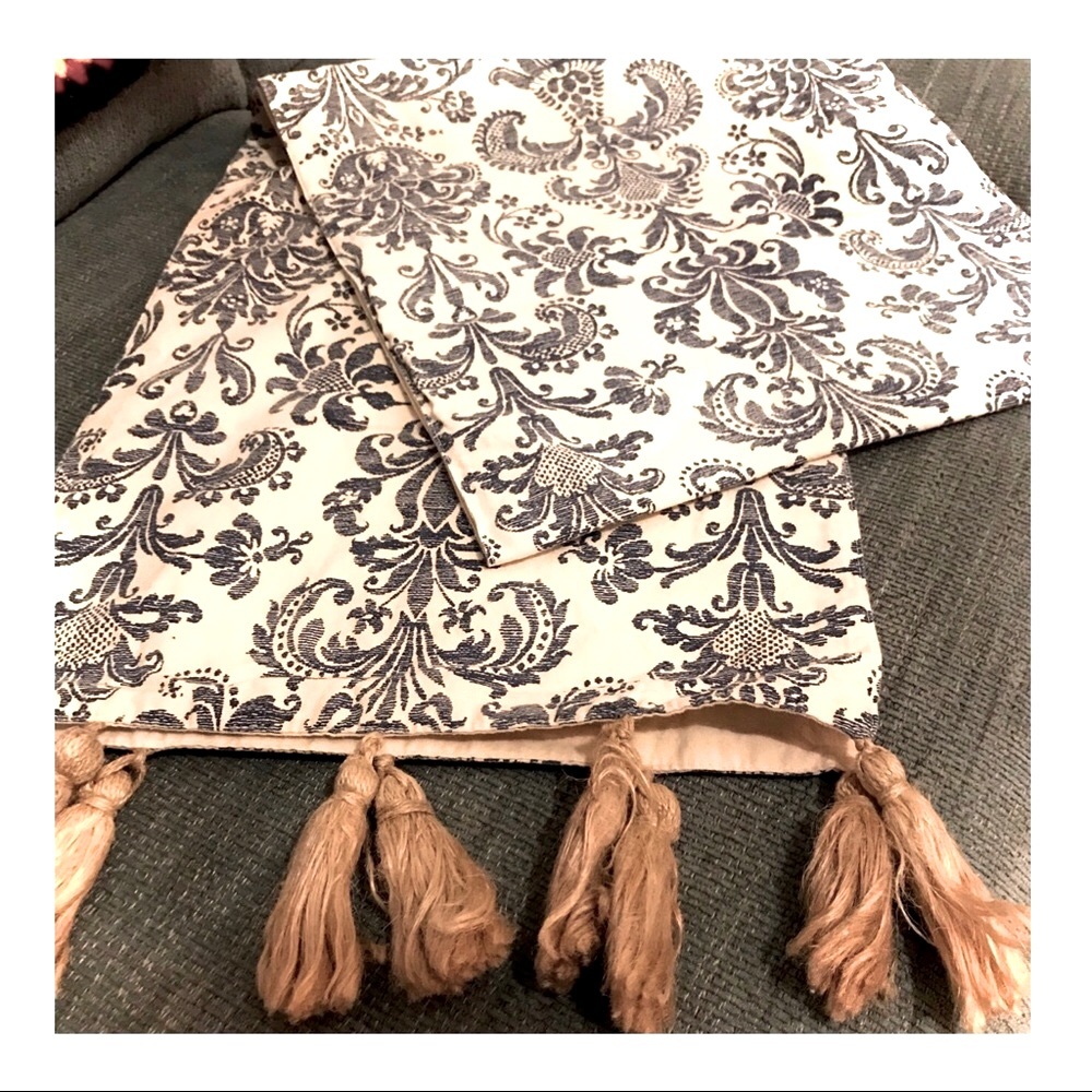 Blue/Off White Table Runner with Jute Tassels